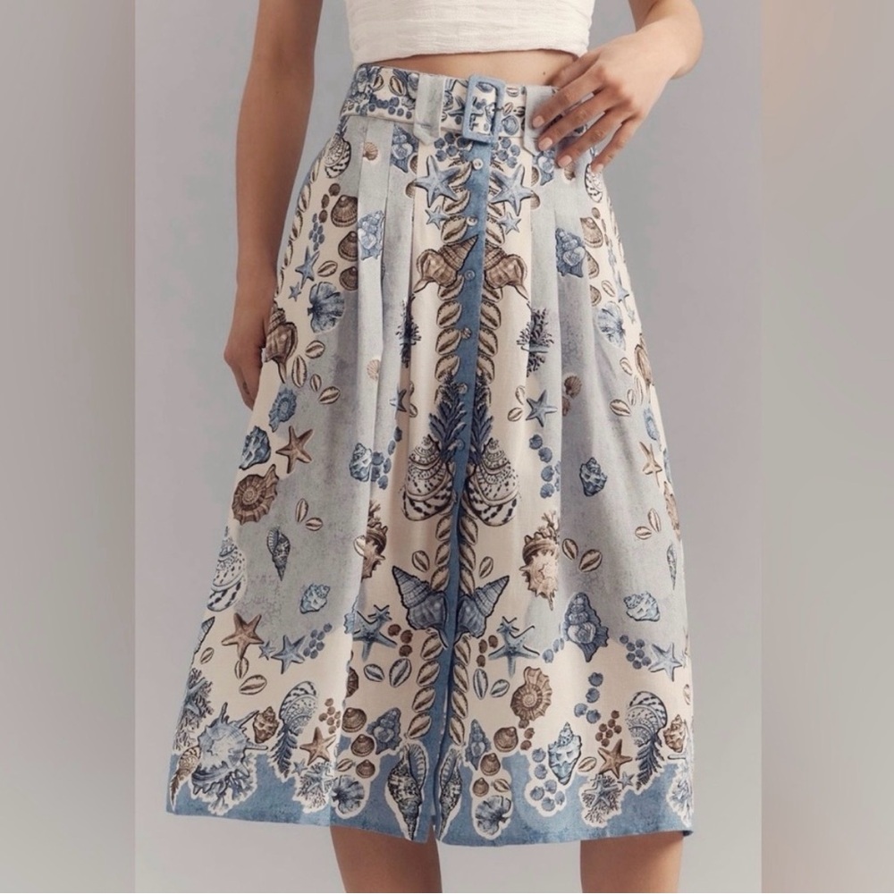 Anthropologie Ranna Gill Linen Blend Belted Midi Skirt XL NWT